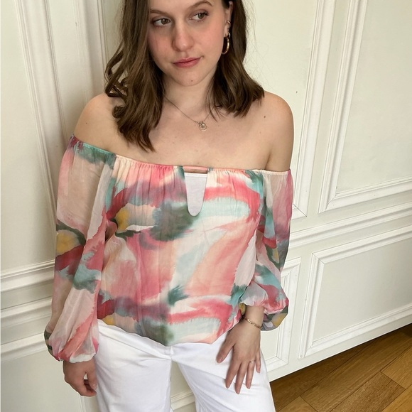 Alice + Olivia Watercolor Off-Shoulder Blouse - Pink and Green - Picture 1 of 2